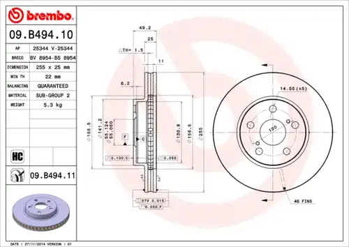 спирачен диск BREMBO 09.B494.11