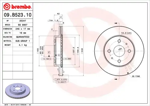 спирачен диск BREMBO 09.B523.10