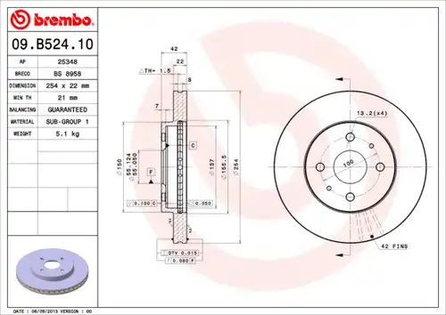 спирачен диск BREMBO 09.B524.10