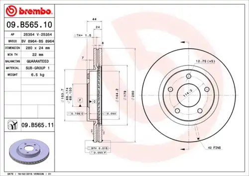 спирачен диск BREMBO 09.B565.10