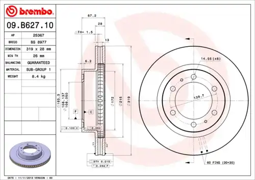 спирачен диск BREMBO 09.B627.10