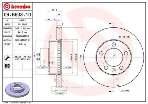 спирачен диск BREMBO 09.B633.10