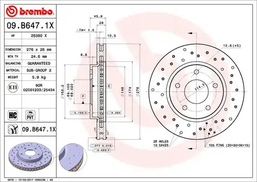 спирачен диск BREMBO 09.B647.1X