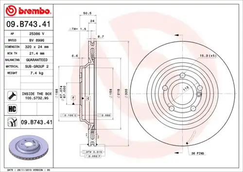 спирачен диск BREMBO 09.B743.41