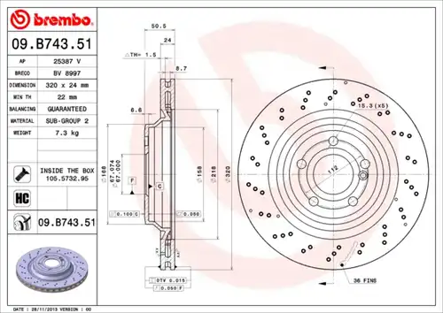 спирачен диск BREMBO 09.B743.51