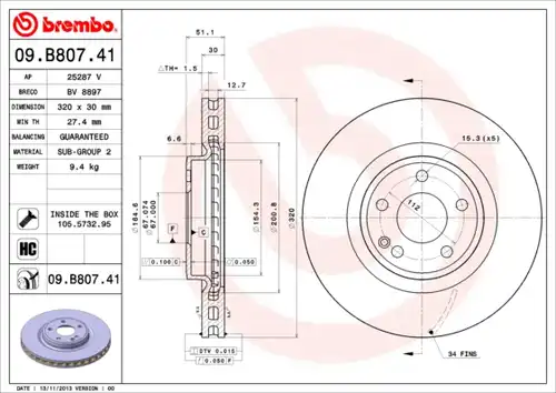 спирачен диск BREMBO 09.B807.41