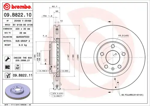 спирачен диск BREMBO 09.B822.11