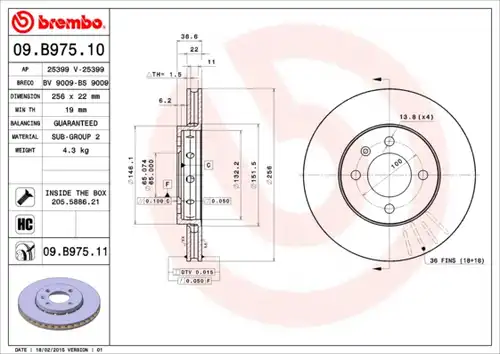 спирачен диск BREMBO 09.B975.11