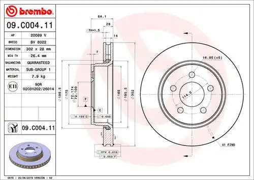 спирачен диск BREMBO 09.C004.11