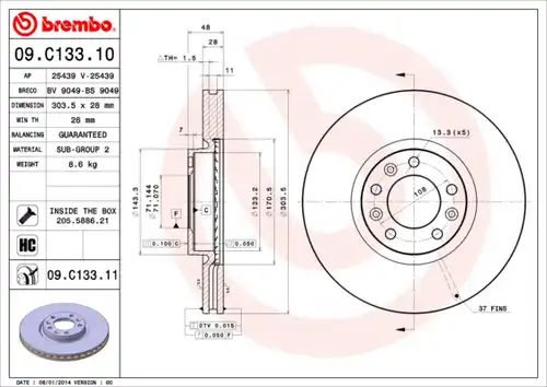 спирачен диск BREMBO 09.C133.11