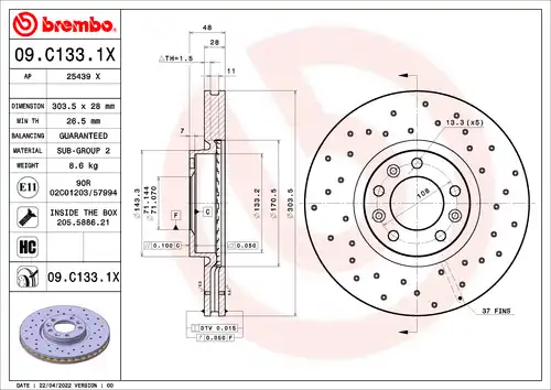 спирачен диск BREMBO 09.C133.1X