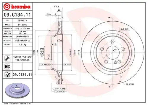 спирачен диск BREMBO 09.C134.11