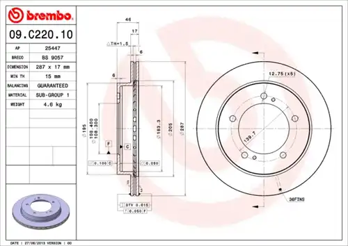 спирачен диск BREMBO 09.C220.10