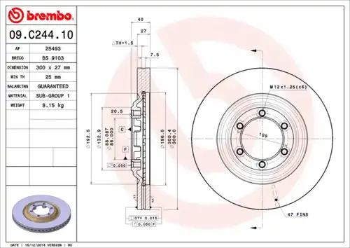 спирачен диск BREMBO 09.C244.10