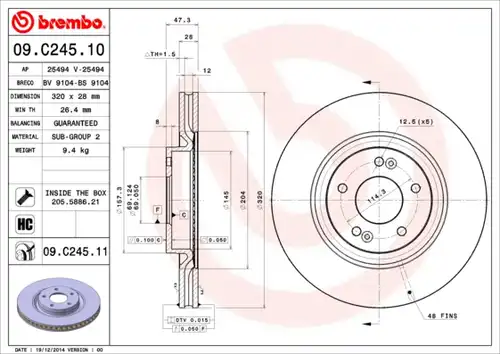 спирачен диск BREMBO 09.C245.11