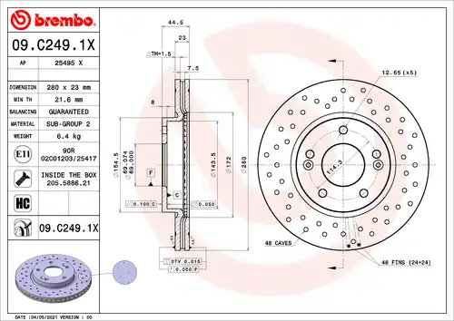 спирачен диск BREMBO 09.C249.1X