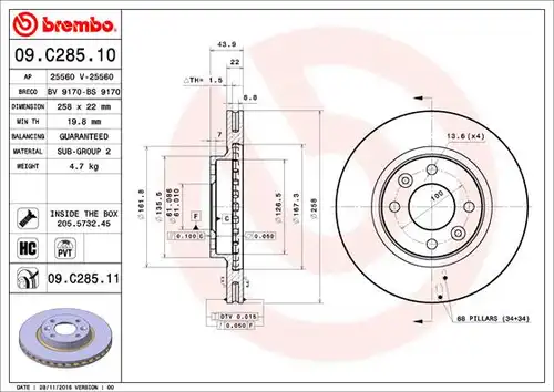 спирачен диск BREMBO 09.C285.11