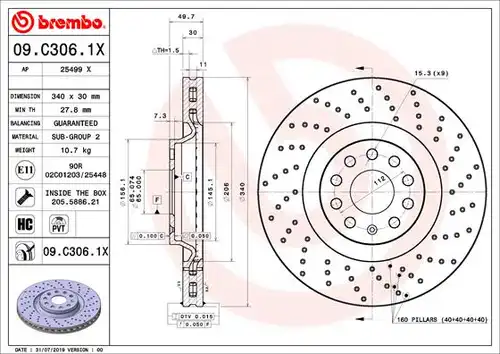 спирачен диск BREMBO 09.C306.1X