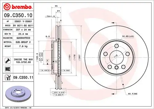 спирачен диск BREMBO 09.C350.11