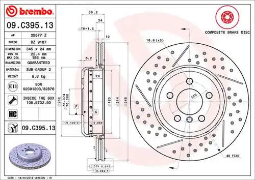 спирачен диск BREMBO 09.C395.13