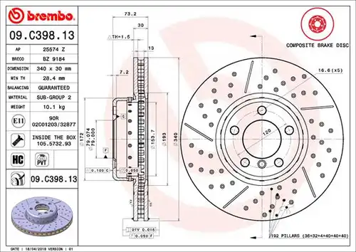 спирачен диск BREMBO 09.C398.13