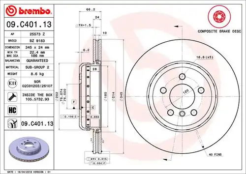 спирачен диск BREMBO 09.C401.13