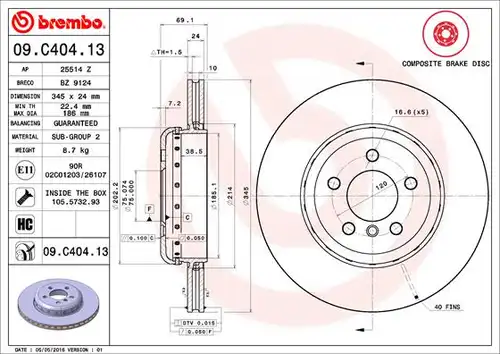 спирачен диск BREMBO 09.C404.13