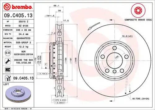 спирачен диск BREMBO 09.C405.13