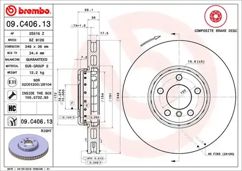 спирачен диск BREMBO 09.C406.13