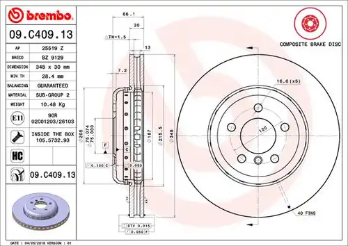 спирачен диск BREMBO 09.C409.13