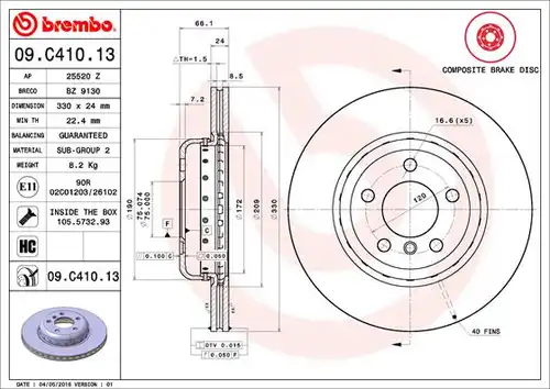 спирачен диск BREMBO 09.C410.13