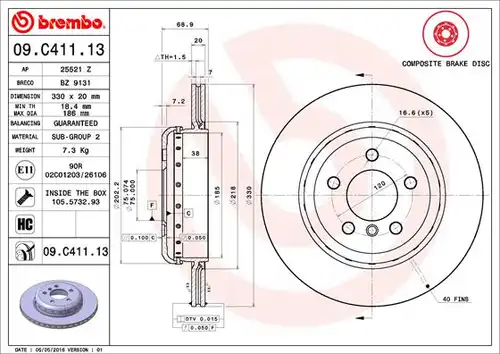 спирачен диск BREMBO 09.C411.13