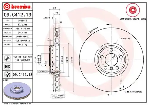 спирачен диск BREMBO 09.C412.13