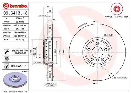 спирачен диск BREMBO 09.C413.13