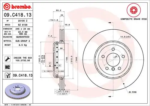 спирачен диск BREMBO 09.C418.13