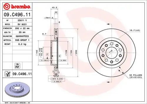 спирачен диск BREMBO 09.C496.11