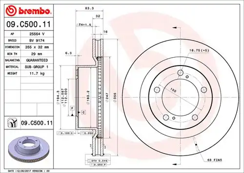 спирачен диск BREMBO 09.C500.11