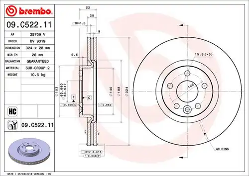 спирачен диск BREMBO 09.C522.11