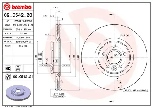 спирачен диск BREMBO 09.C542.21