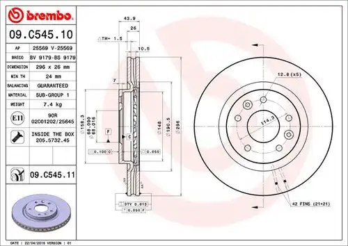 спирачен диск BREMBO 09.C545.11