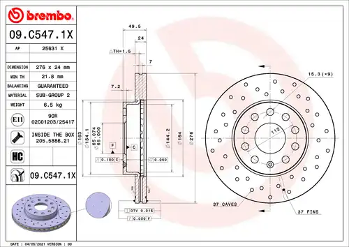 спирачен диск BREMBO 09.C547.1X