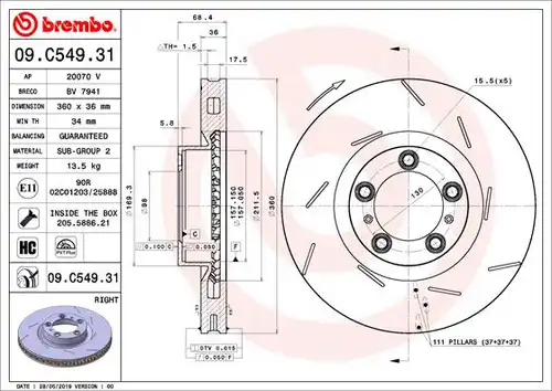 спирачен диск BREMBO 09.C549.31