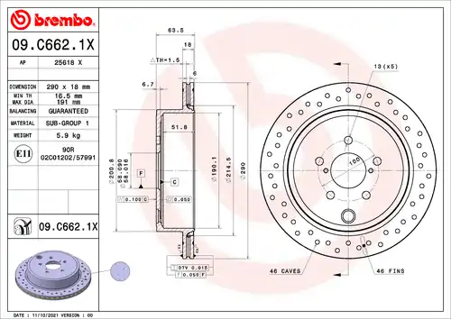 спирачен диск BREMBO 09.C662.1X