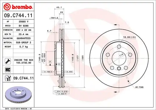 спирачен диск BREMBO 09.C744.11