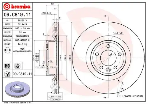 спирачен диск BREMBO 09.C819.11