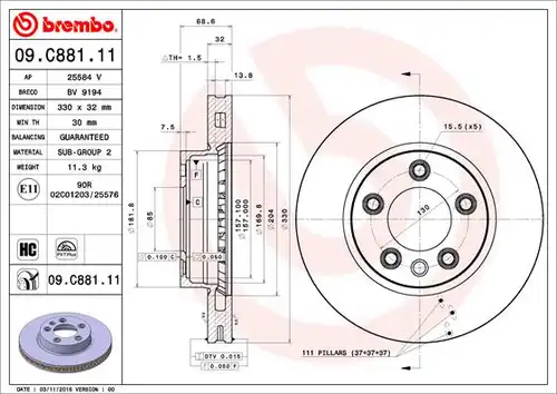 спирачен диск BREMBO 09.C881.11