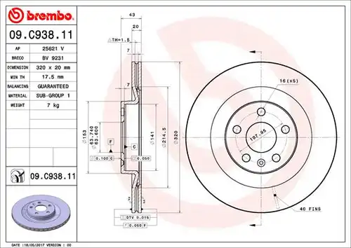 спирачен диск BREMBO 09.C938.11