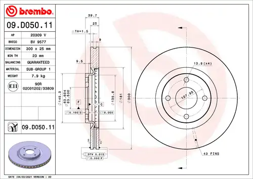 спирачен диск BREMBO 09.D050.11