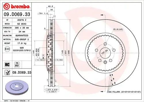 спирачен диск BREMBO 09.D069.33