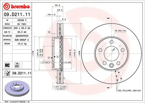 спирачен диск BREMBO 09.D211.11